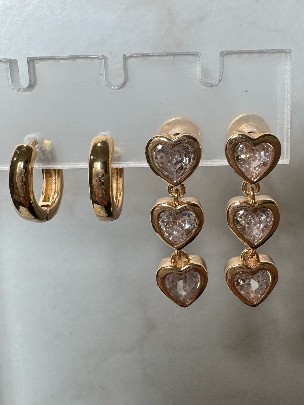 Triple Heart Drop Earrings with Clear Stones and Gold Huggies